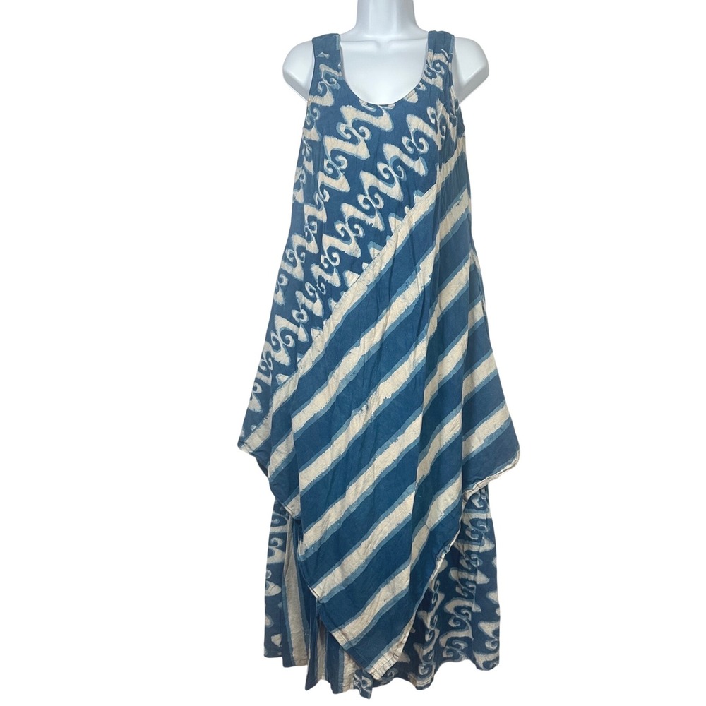 Anokhi Indigo Block Print Handkerchief Hem Cotton Midi Dress Blue White Small